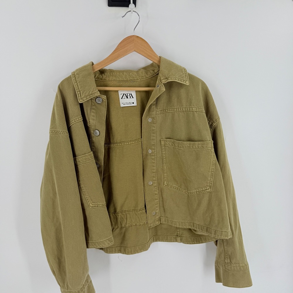 Zara Denim Jacket Olive Green Medium Utility Cropped Boxy Streetwear